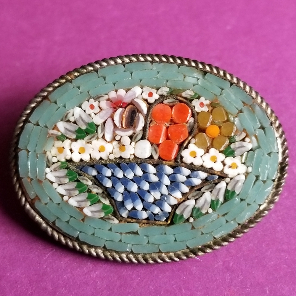 Vintage Italian Micromosaic Brooch Pin flower glass micro mosaic silver tone